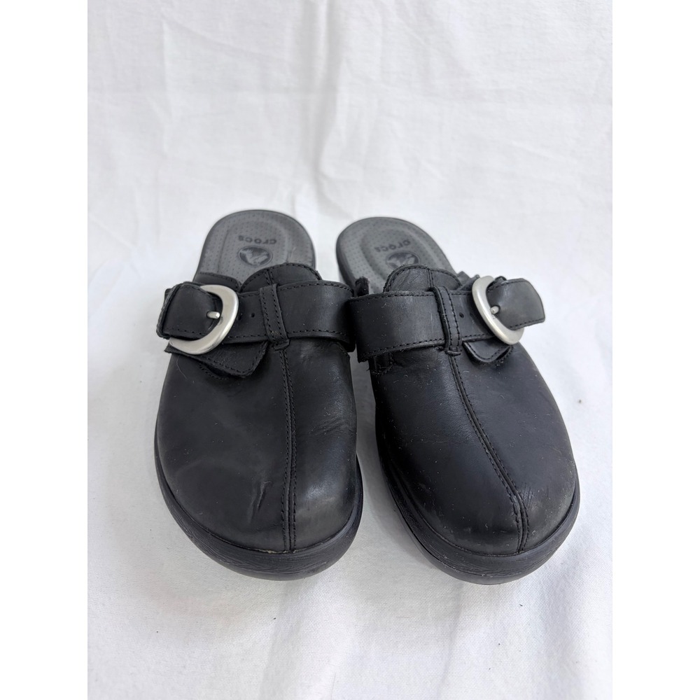 Crocs Clogs Leather Buckle Black Platform Studded Mules W5
